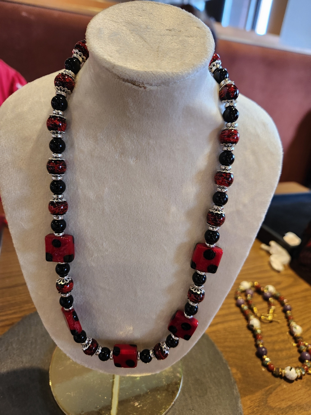 Artisan Red and Black Beaded Necklace with Silver Accents